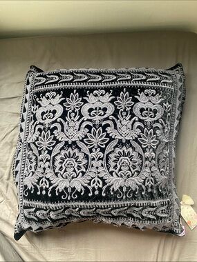 Johnny Was Black Velvet Embroidered Pillow with Silver Accents